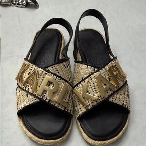 Karl Lagerfeld Black and Gold Woven Sandals